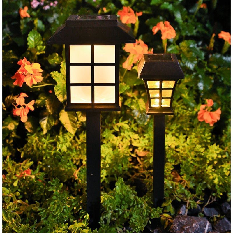 Square Pavilion-Shaped Solar Outdoor Lights – Black LED Garden Stakes Post Lighting