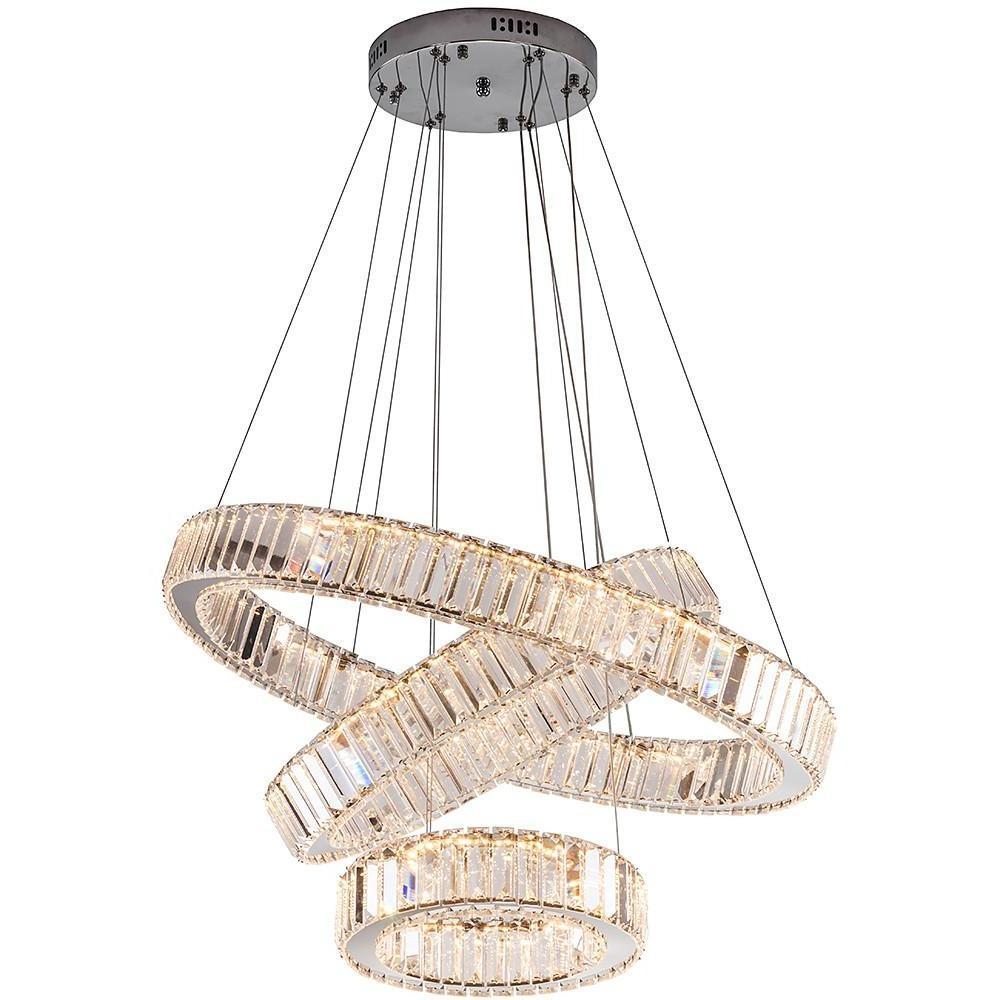 Chrome Crystal 3-Tier Ring LED Pendant Chandelier – Modern Luxury