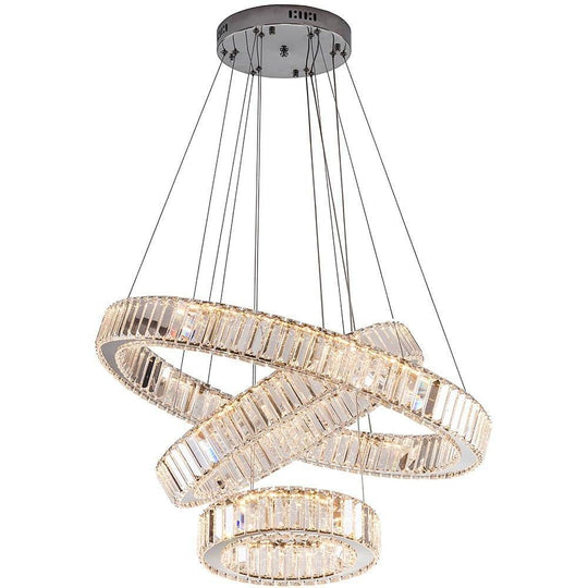 Chrome Crystal 3-Tier Ring LED Pendant Chandelier – Modern Luxury