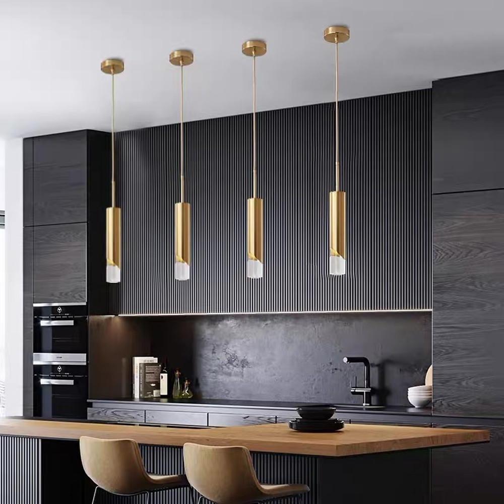 Elongated Slender Cylinder Modern Gold Crystal Column Pendant Light