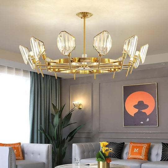 Brass Ring Frame Crystal LED Chandelier – Gold Metal with Crystal Accents