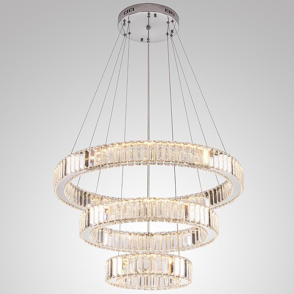 Chrome Crystal 3-Tier Ring LED Pendant Chandelier – Modern Luxury