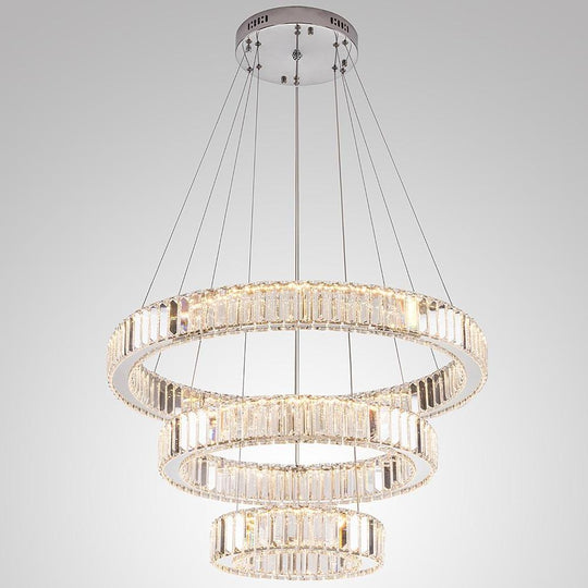 Chrome Crystal 3-Tier Ring LED Pendant Chandelier – Modern Luxury