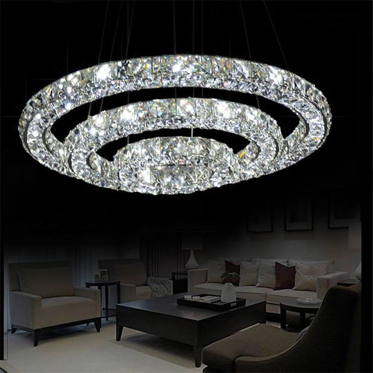 Luxury Crystal 3-Tier LED Chandelier – Geometric or Stacked Ring Pendant Light