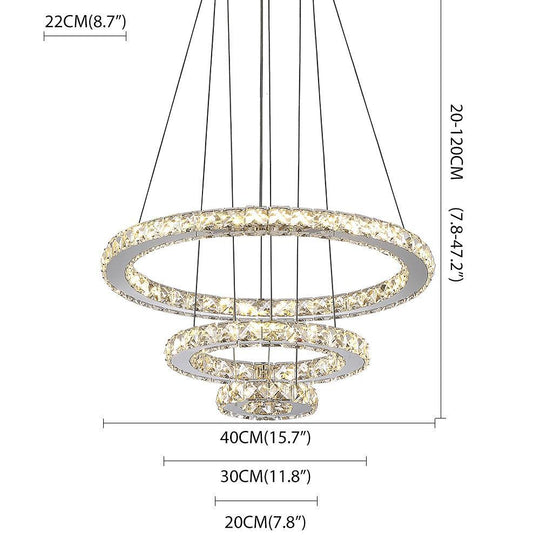 3-Ring Adjustable Circles Tiered Crystal LED Modern Chandelier
