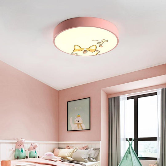 Circular Dog Image Flush Mount Drum LED Ceiling Light