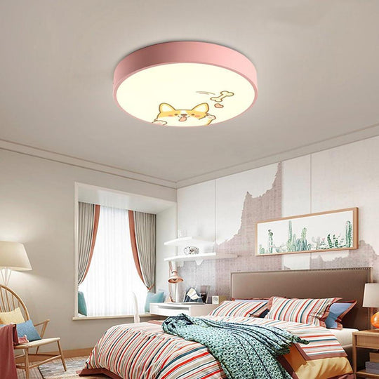 Circular Dog Image Flush Mount Drum LED Ceiling Light