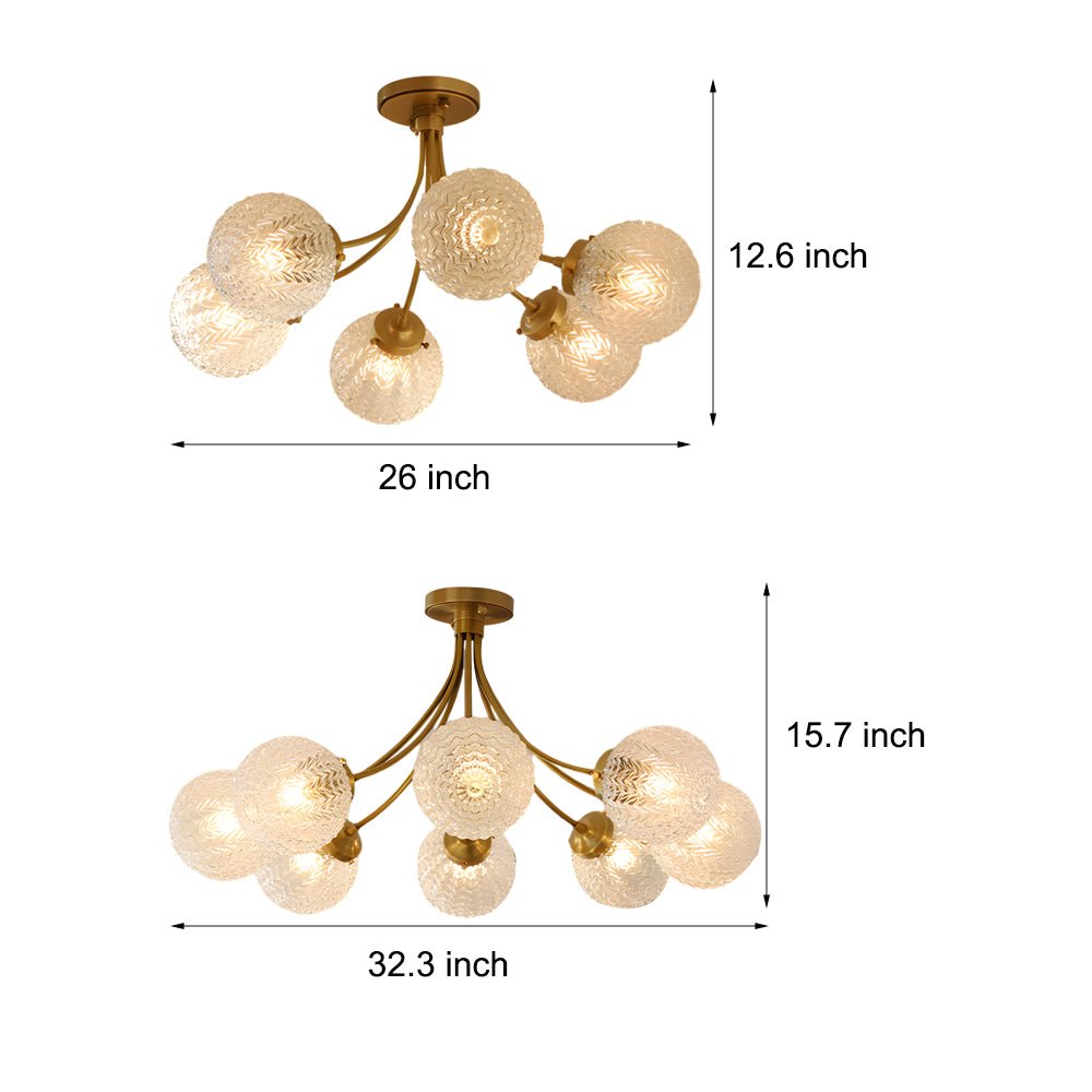 Modern Brass Carved Glass Semi-Flush Mount Ceiling Light – 6/8-Light