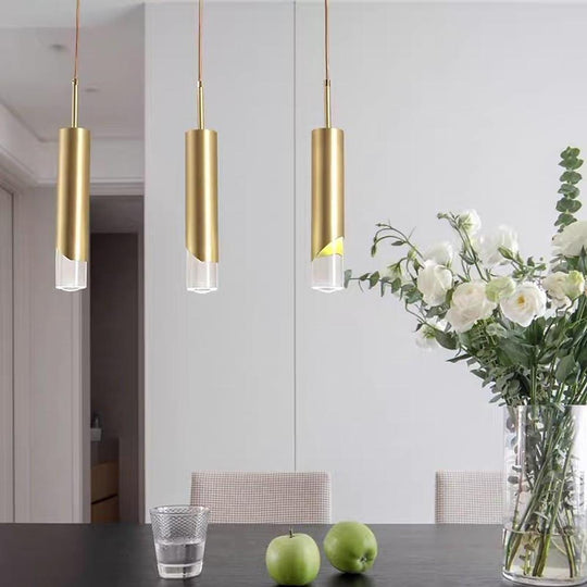 Elongated Slender Cylinder Modern Gold Crystal Column Pendant Light