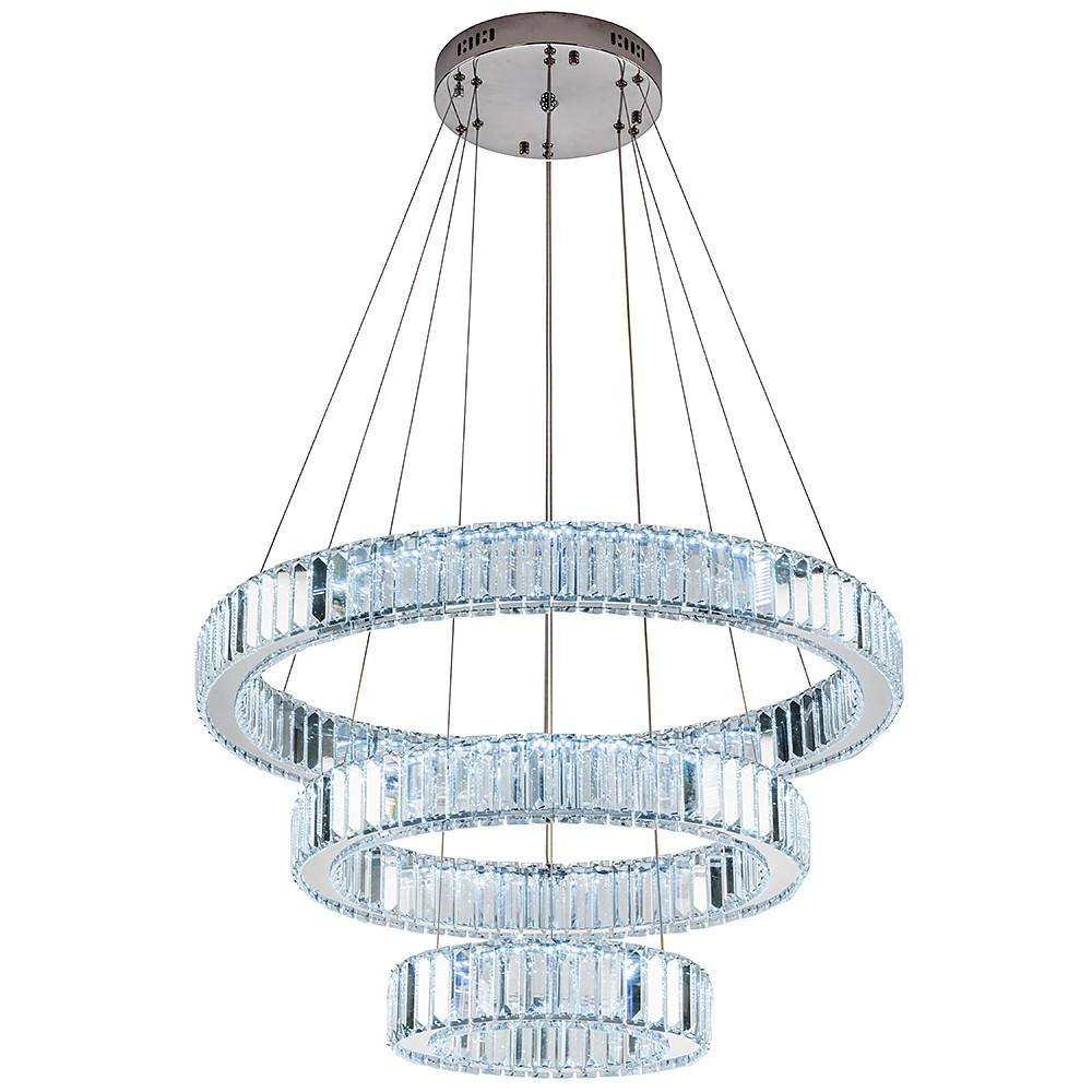 Chrome Crystal 3-Tier Ring LED Pendant Chandelier – Modern Luxury