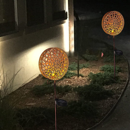 Round Iron Hollow Solar Lawn Lights with Flower Projection