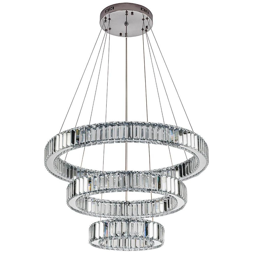 Chrome Crystal 3-Tier Ring LED Pendant Chandelier – Modern Luxury