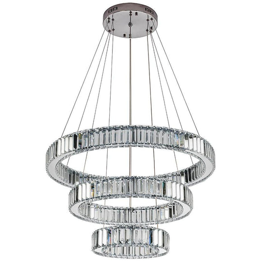Chrome Crystal 3-Tier Ring LED Pendant Chandelier – Modern Luxury
