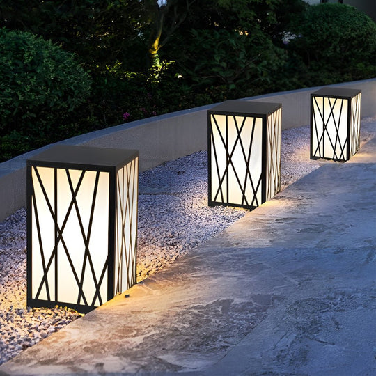 20W Square Solar LED Bollard Light with Modern Linear Lampshade