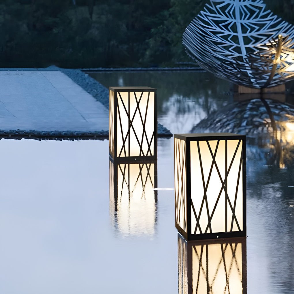 20W Square Solar LED Bollard Light with Modern Linear Lampshade