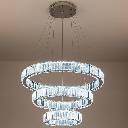 Chrome Crystal 3-Tier Ring LED Pendant Chandelier – Modern Luxury