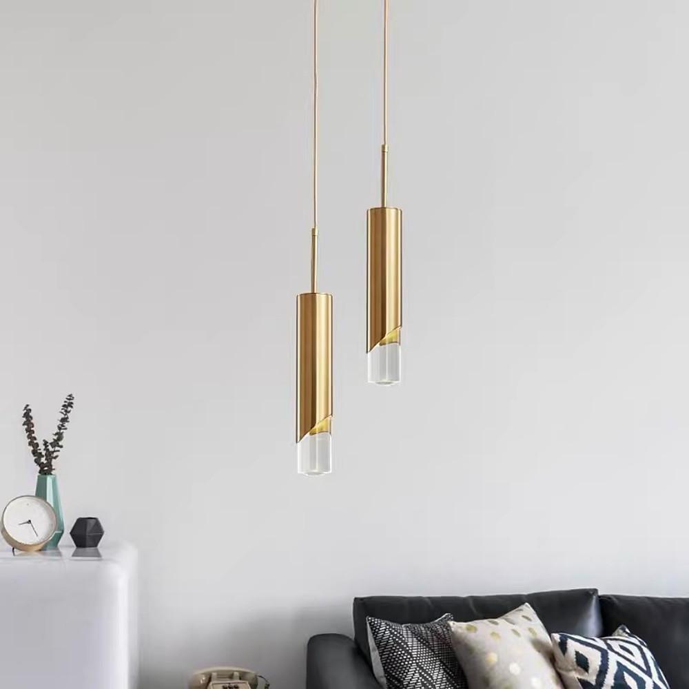 Elongated Slender Cylinder Modern Gold Crystal Column Pendant Light