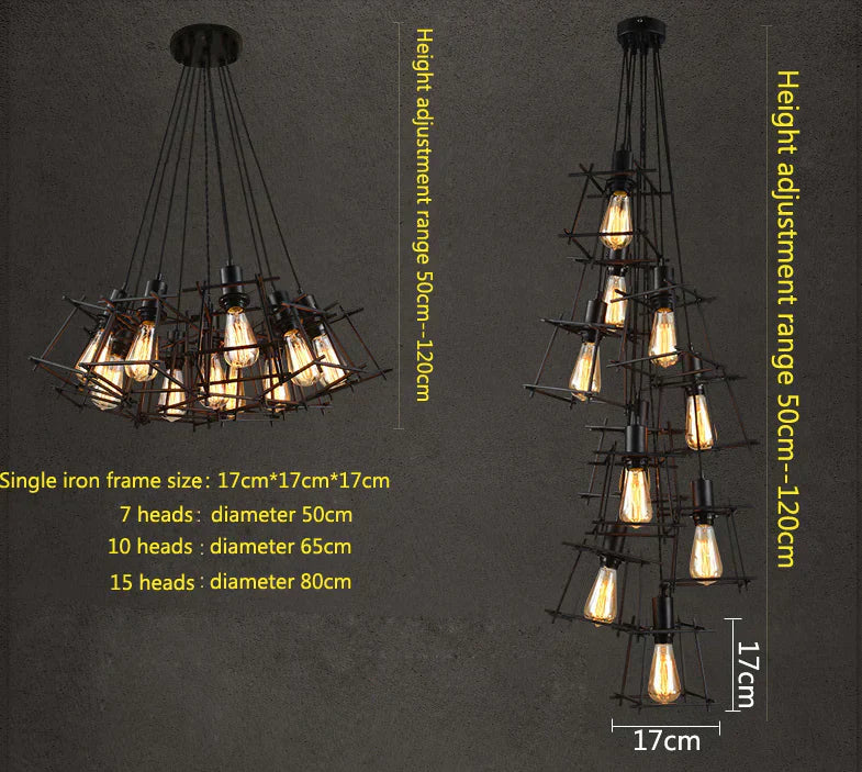 Vintage Iron Frame Chandelier Edison Bulb E27 Holder Loft Restaurant Bar Cafe Living Room Retro Industrial Style Chandeliers