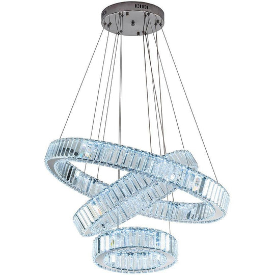 Chrome Crystal 3-Tier Ring LED Pendant Chandelier – Modern Luxury