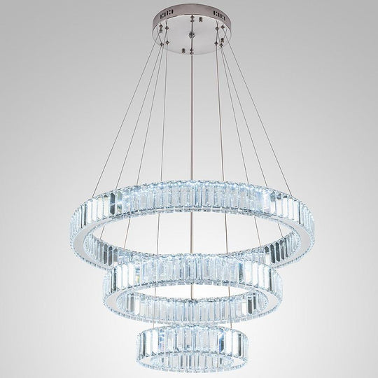Chrome Crystal 3-Tier Ring LED Pendant Chandelier – Modern Luxury