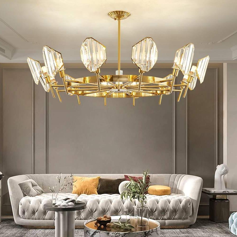 Brass Ring Frame Crystal LED Chandelier – Gold Metal with Crystal Accents