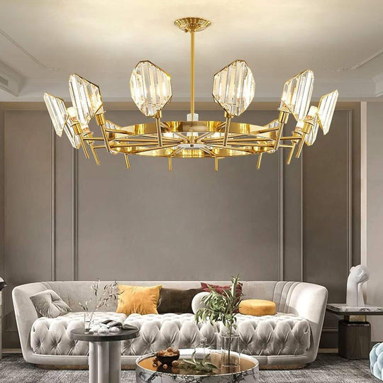 Brass Ring Frame Crystal LED Chandelier – Gold Metal with Crystal Accents