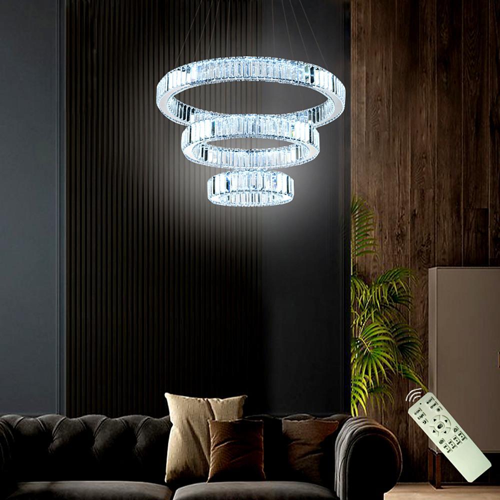 Chrome Crystal 3-Tier Ring LED Pendant Chandelier – Modern Luxury